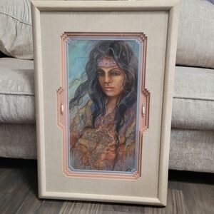 Native American Framed Portrait Art with Beige Frame Textured Colorful Vintage